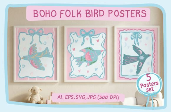 Boho Folk Birds Pastel Nursery Posters: Elevating Creative Projects with Whimsical Charm