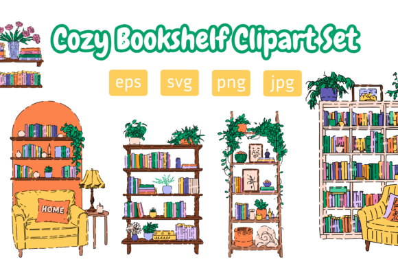 Cozy Bookshelf Clipart Set: Warm Designs