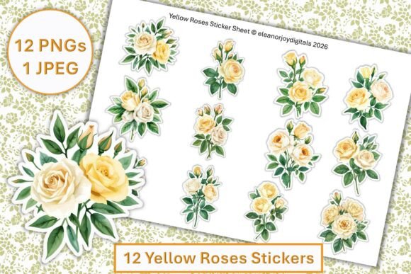 Enhance Your Designs with 12 Yellow Rose Stickers PNG and JPEG
