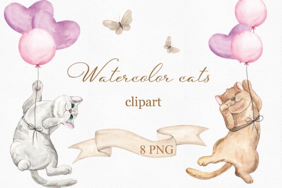 Evaluating Watercolor Hand Painted Cats with Balloon Clipart for Creative Projects