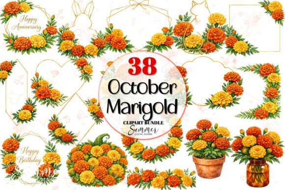 Gold Marigold Frames Floral Clipart: Elevating Your Designs with Vibrant Elegance