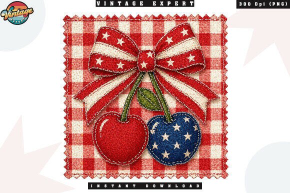 Patriotic Cherry Bow Patchwork PNG: A Versatile Design for Summer Creations
