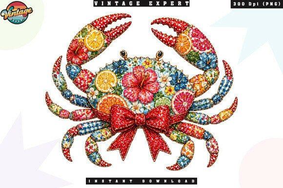 Tropical Crab Floral Bow Patchwork PNG