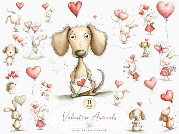 Valentine Animals Clipart: Romantic Watercolor Designs